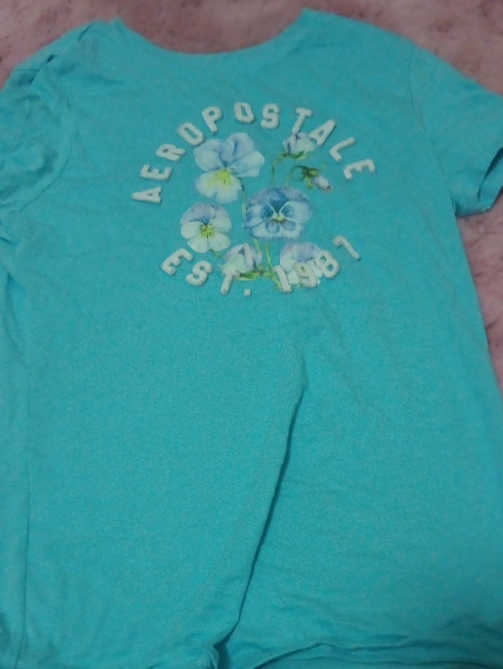 Aeropostale Teal Floral Logo Short Sleeve Tee